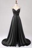 Black A Line Spaghetti Straps Satin Prom Dress with Slit