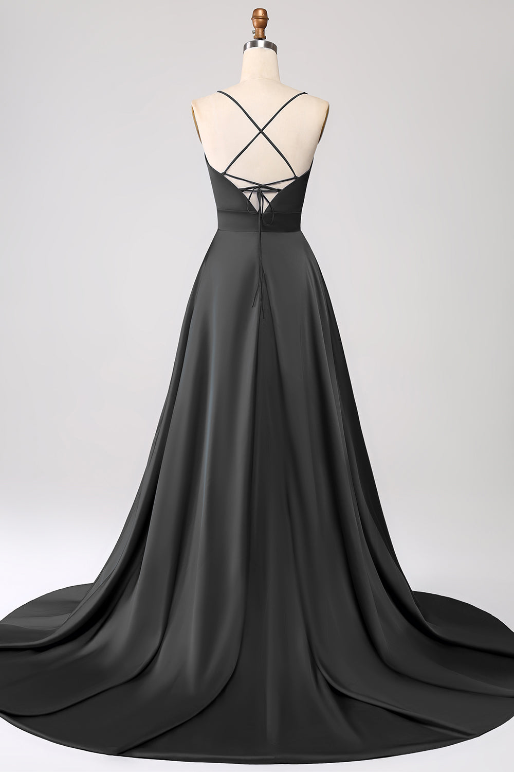 Black A Line Spaghetti Straps Satin Prom Dress with Slit