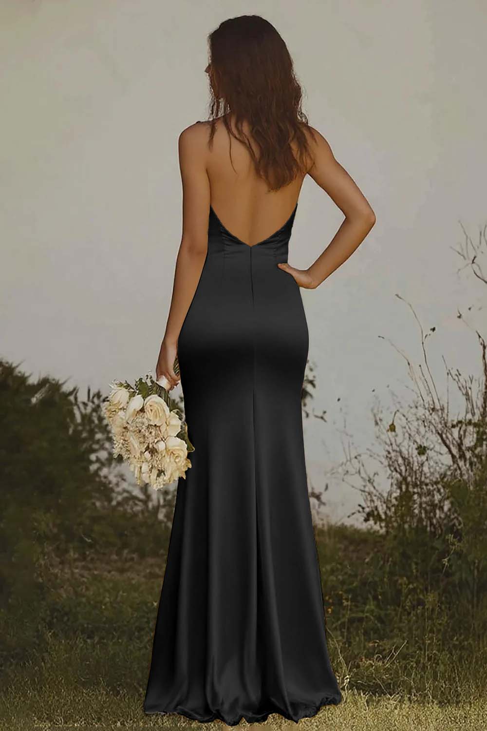 Mermaid Light Yellow Halter Long Satin Bridesmaid Dress