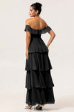 Eucalyptus Off The Shoulder Pleated Long Tiered Bridesmaid Dress
