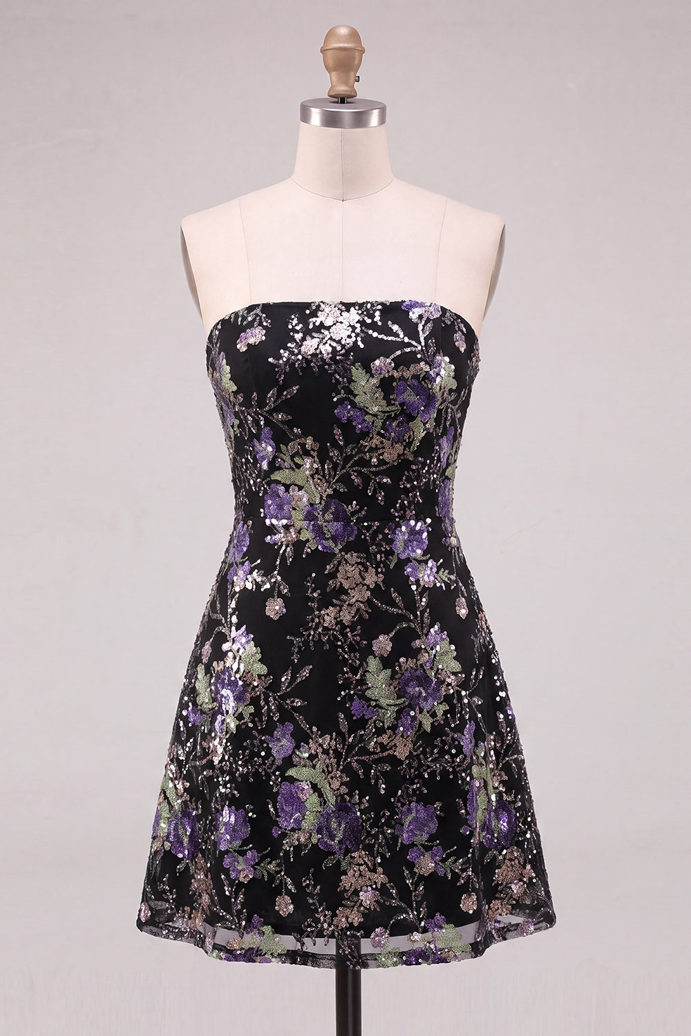 Sparkly Pink Floral Beaded Strapless A Line Short Homecoming Dress