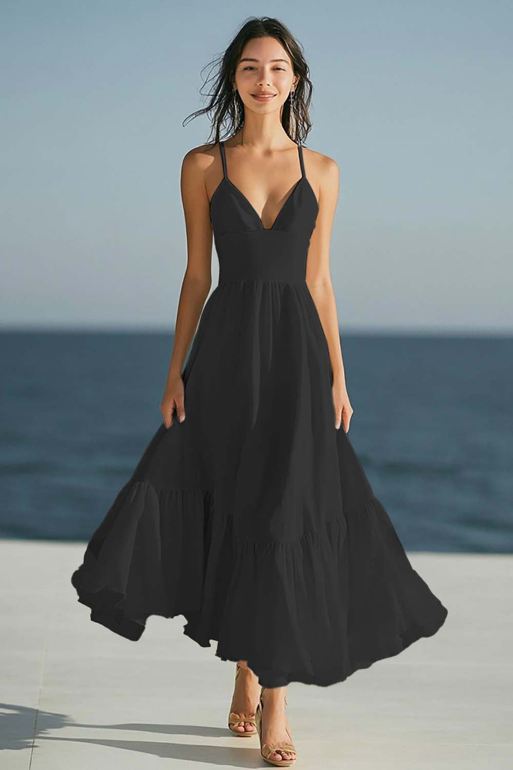 Simple Ivory Spaghetti Straps Beach Maxi Engagement Dress