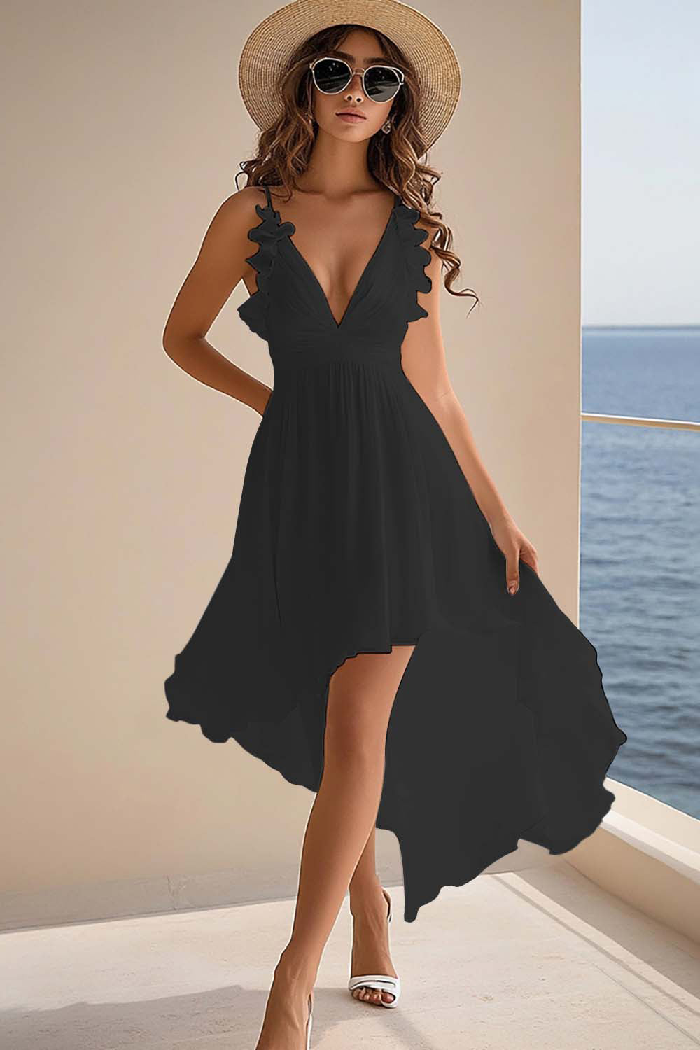 Lilac Chiffon Boho A Line High Low Graduation Dress with Ruffles - Black / US2 Lilac Chiffon Boho A Line High Low Graduation Dress with Ruffles - Black / US2