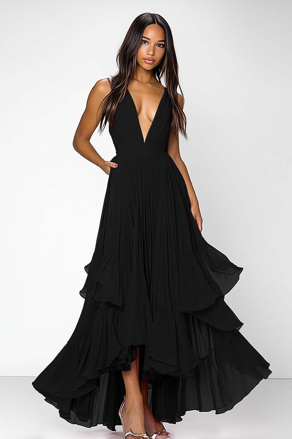 Dusty Blue A Line Deep V-Neck Long Formal Dress with Ruffles