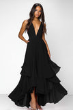 Dusty Blue A Line Deep V-Neck Long Formal Dress with Ruffles