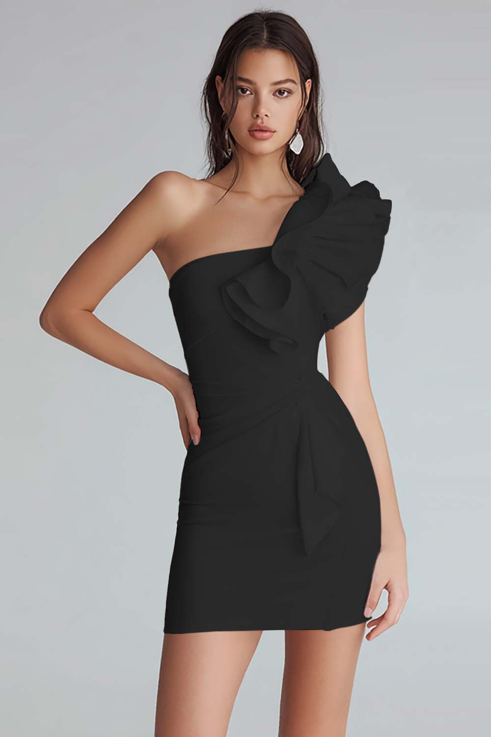 Ivory Satin One Shoulder Short Tight Graduation Dress with Ruffles