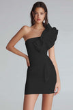 Ivory Satin One Shoulder Short Tight Graduation Dress with Ruffles