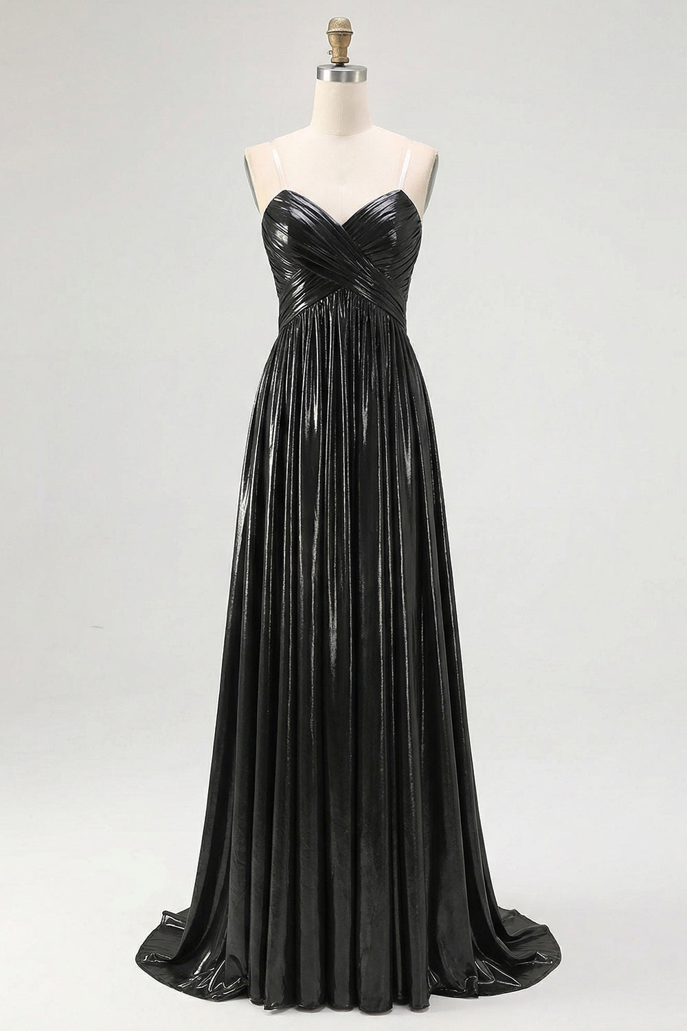 Chic Gold A Line Metallic Spaghetti Straps Pleated Long Prom Dress