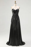 Chic Gold A Line Metallic Spaghetti Straps Pleated Long Prom Dress
