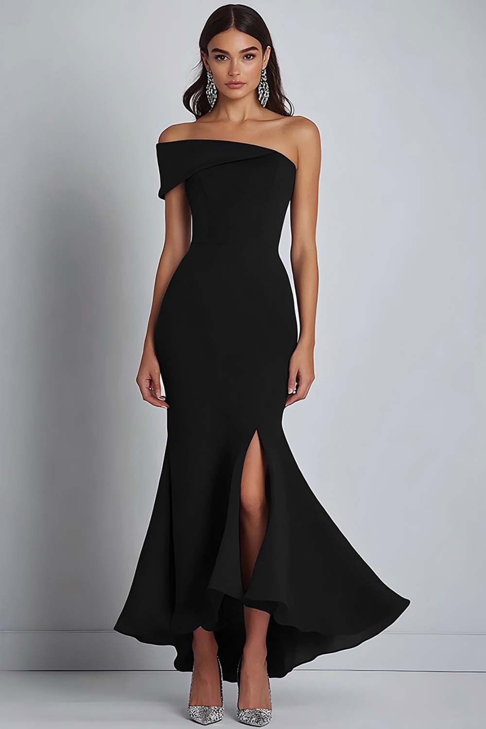 Satin Navy Sheath Off the Shoulder Long Formal Dress with Slit