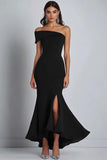 Satin Navy Sheath Off the Shoulder Long Formal Dress with Slit