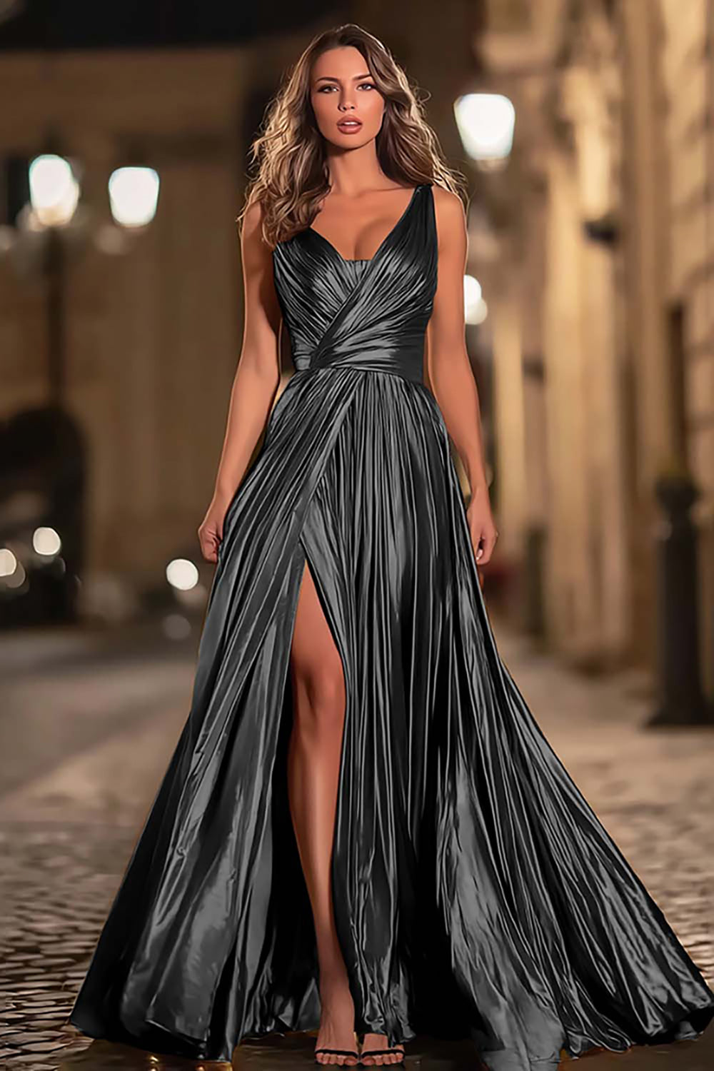 Zapakasa Women Sparkly Gold Metallic Long Formal Dress V-Neck A-Line Pleated Evening Dress with Slit Zapakasa Women Sparkly Gold Metallic Long Formal Dress V-Neck A-Line Pleated Evening Dress with Slit