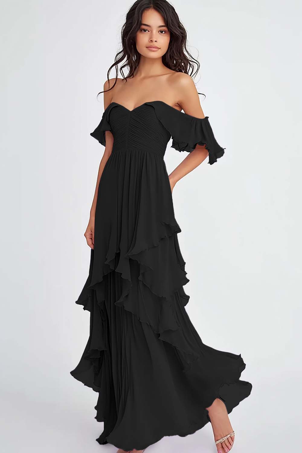 Lilac Off the Shoulder Chiffon Long Formal Dress with Ruffles