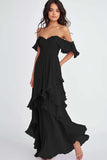 Lilac Off the Shoulder Chiffon Long Formal Dress with Ruffles