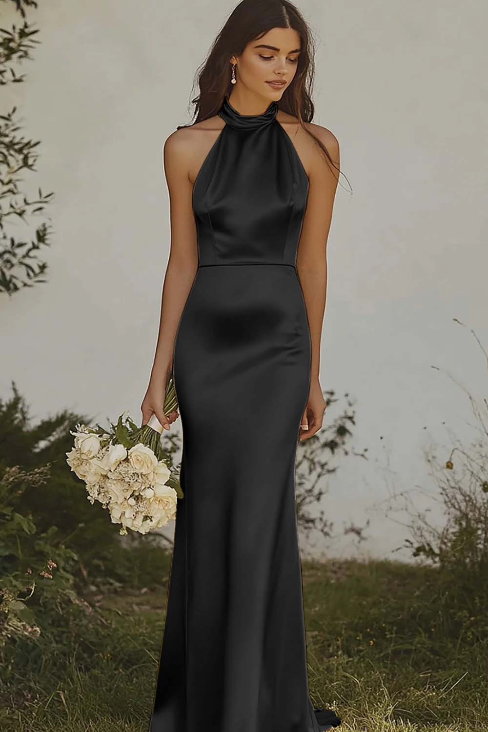 Mermaid Light Yellow Halter Long Satin Bridesmaid Dress