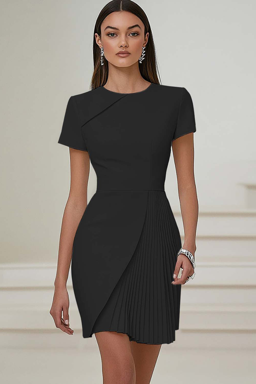 Zapakasa Women White Satin Bodycon Work Dress with Short Sleeves Round Neck Pleated Semi Formal Dress Zapakasa Women White Satin Bodycon Work Dress with Short Sleeves Round Neck Pleated Semi Formal Dress