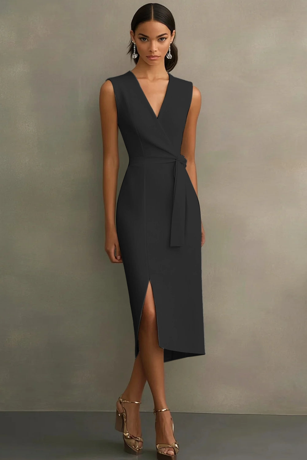 White V-Neck Sleeveless Satin Midi Formal Dress with Slit