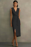 White V-Neck Sleeveless Satin Midi Formal Dress with Slit