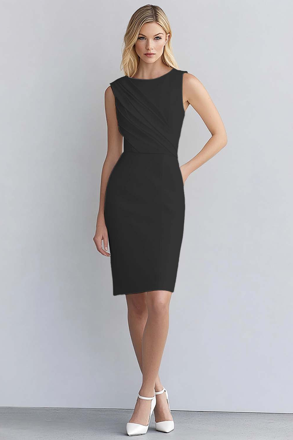 Ivory Bodycon Scoop Neck Sleeveless Ruched Short Work Dress