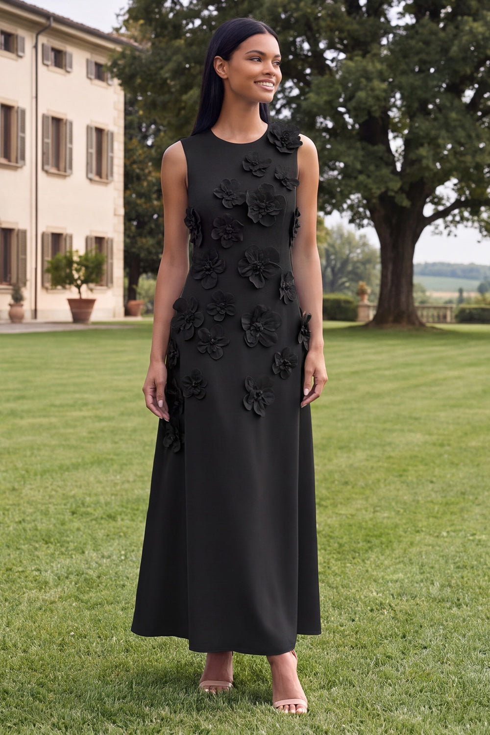 Hot Pink A Line Round Neck Floral Maxi Wedding Guest Dress