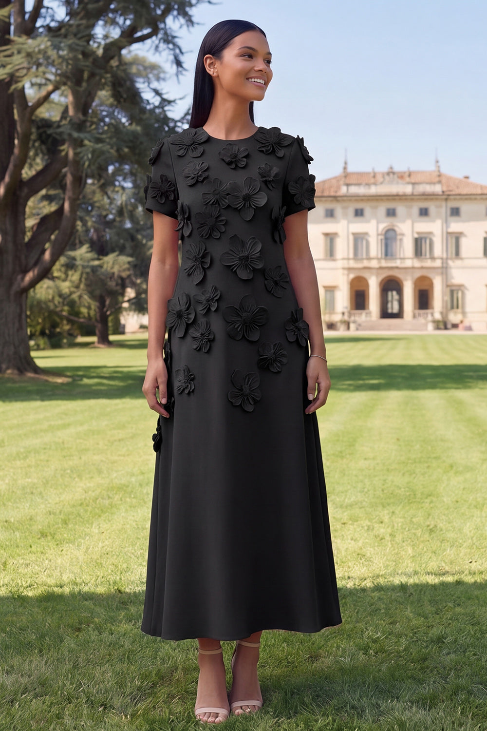 Butter Yellow A Line Round Neck Floral Maxi Wedding Guest Dress with Sleeves