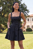 Blue Short Floral Square Neck A Line Homecoming Dress with Pockets