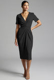 Tahiti V-Neck Bodycon Midi Satin Work Dress with Short Sleeves