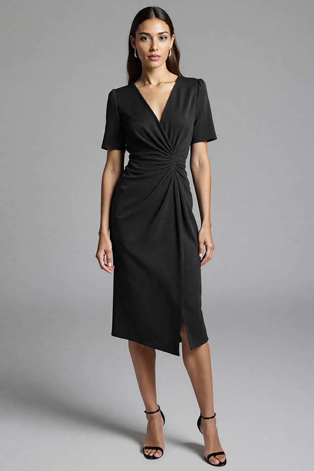 Royal Blue Bodycon V-Neck Midi Satin Work Dress with Short Sleeves