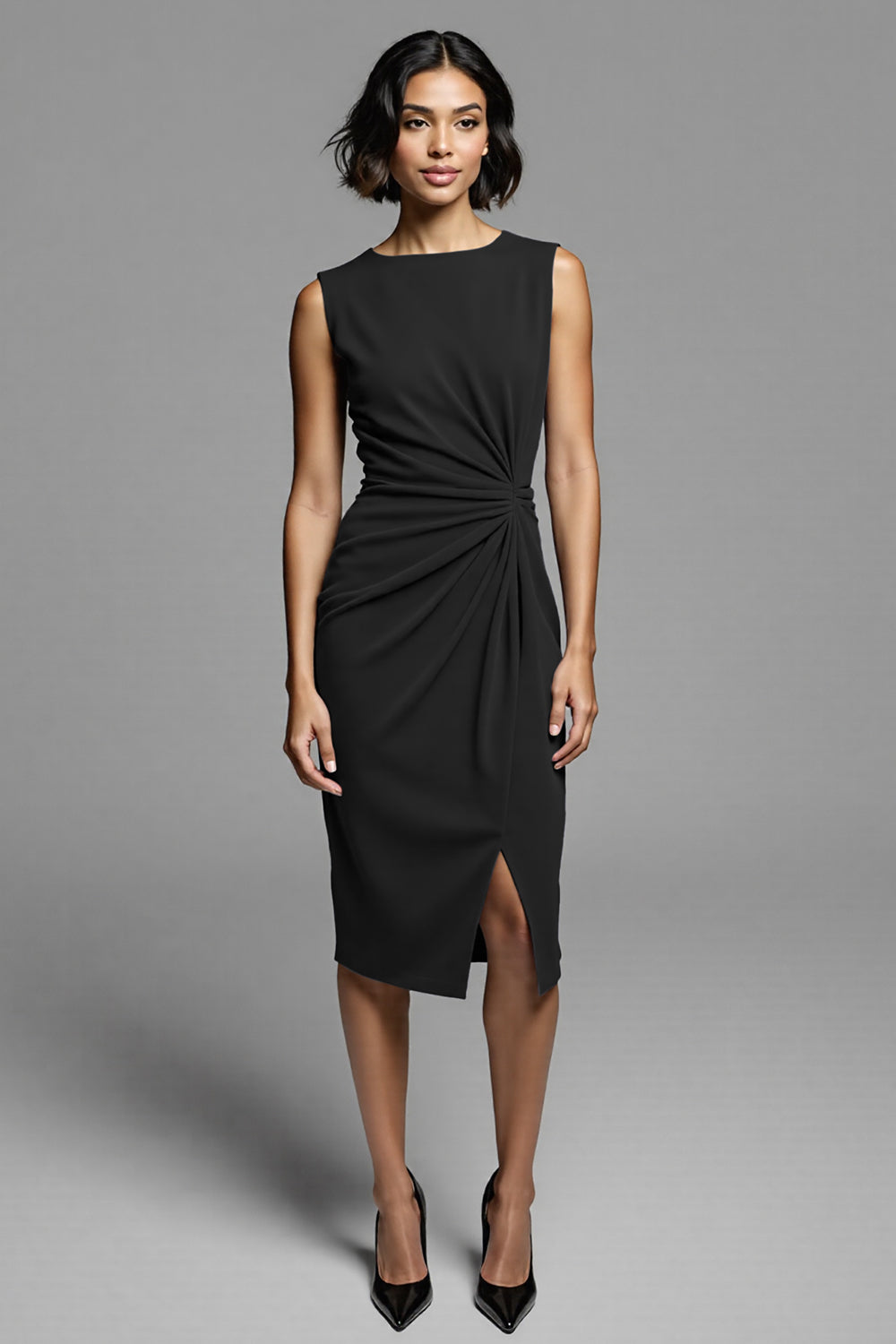 Grey Bodycon Satin Crew Neck Midi Ruched Work Dress with Slit