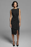 Grey Bodycon Satin Crew Neck Midi Ruched Work Dress with Slit