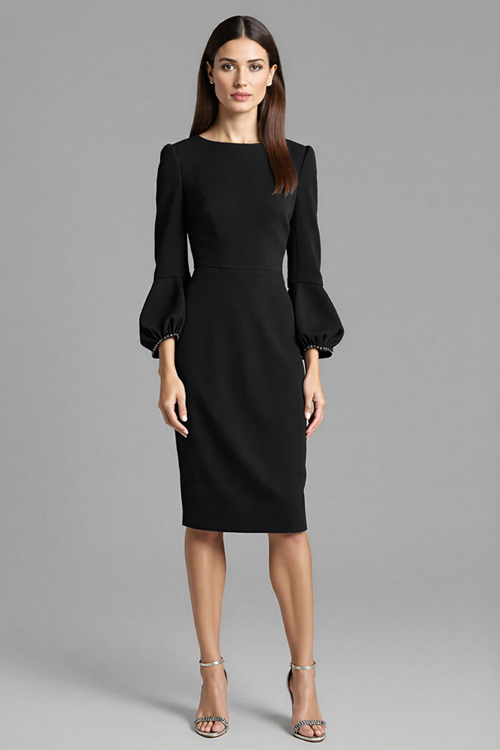 Navy Satin Bodycon Midi Bateau Neck Work Dress with Long Sleeves