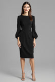 Navy Satin Bodycon Midi Bateau Neck Work Dress with Long Sleeves