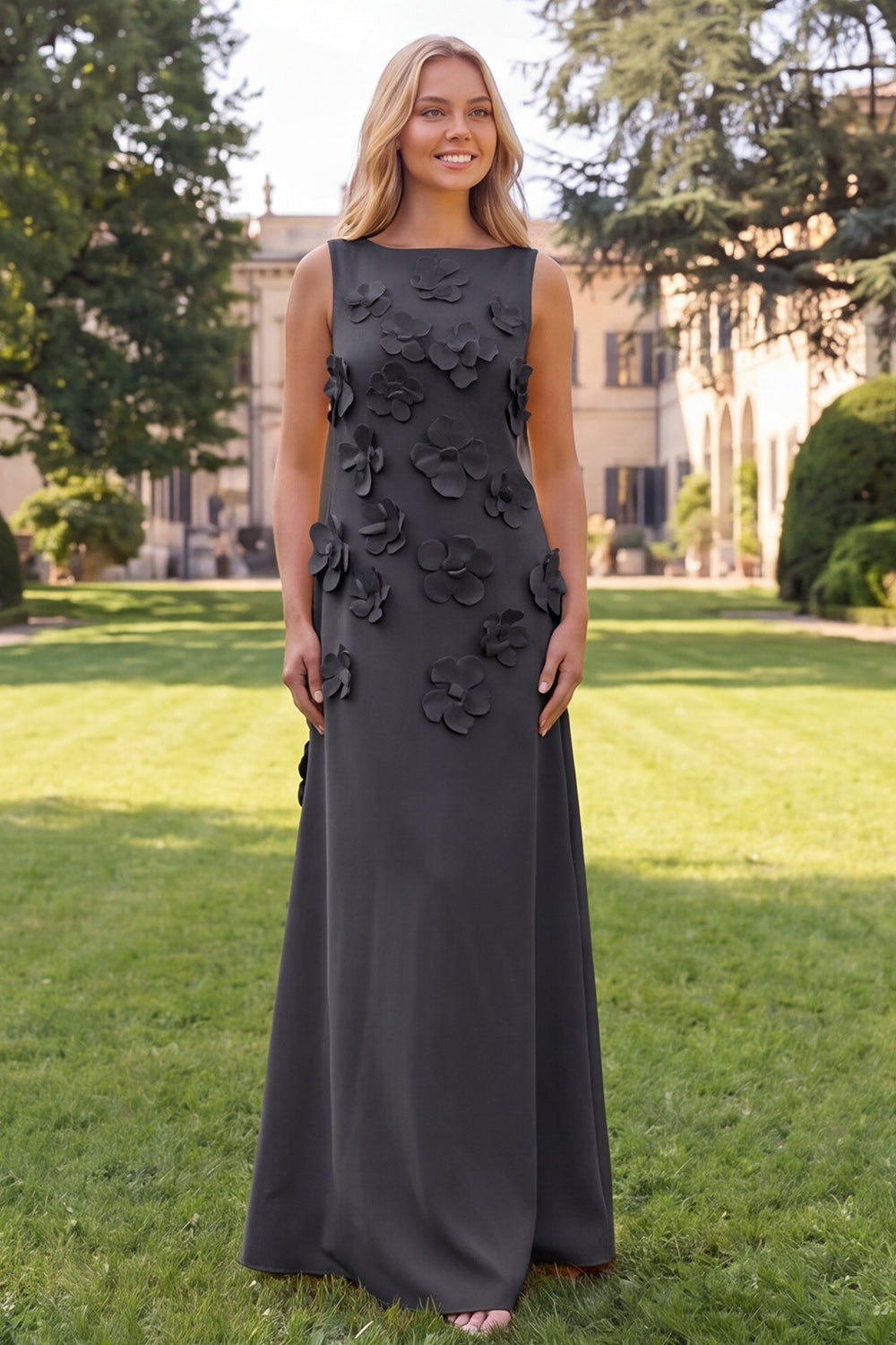 Hot Pink A Line Boat Neck Floral Long Wedding Guest Dress