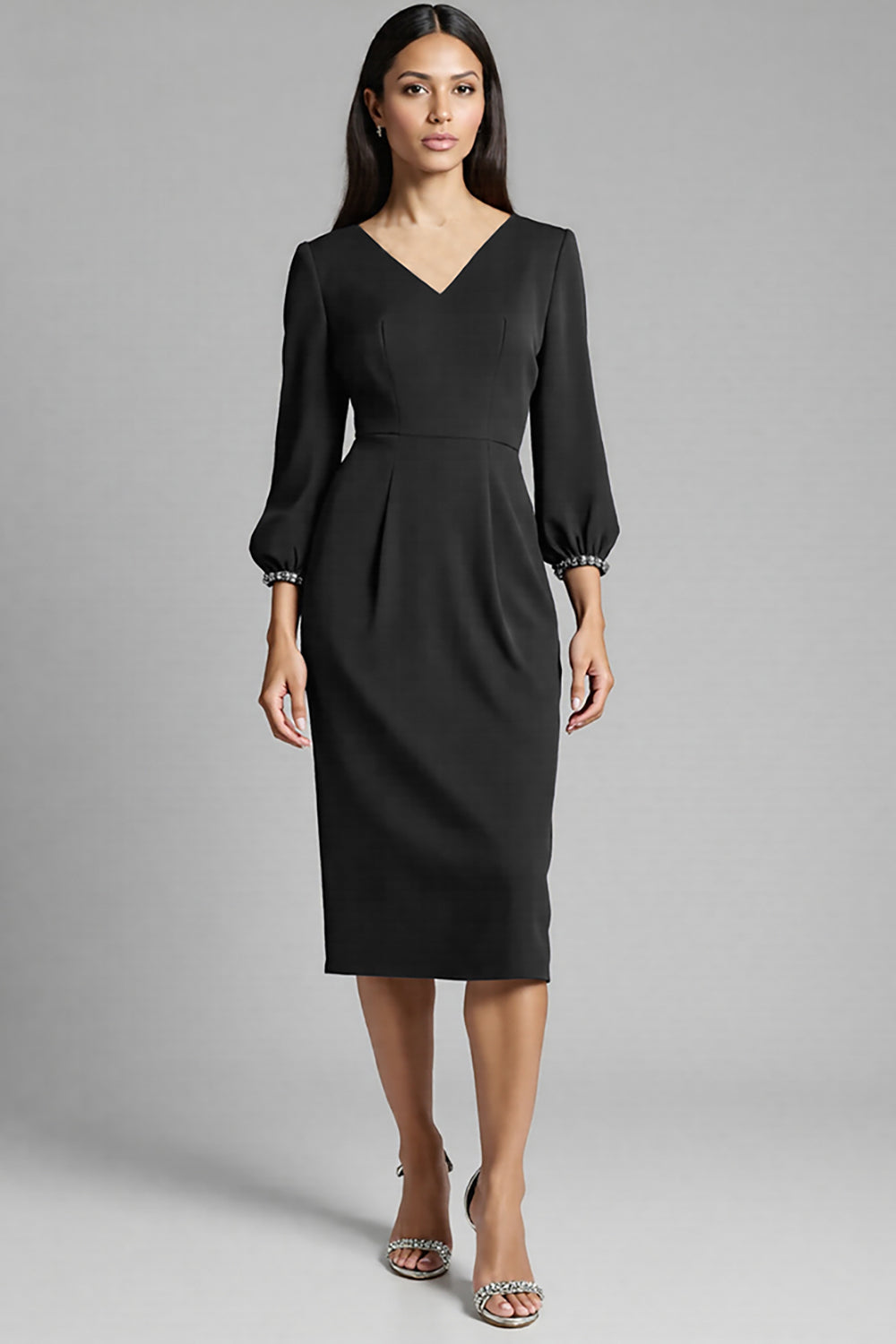 Royal Blue Satin Bodycon Midi V-Neck Work Dress with Sleeves