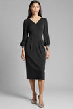 Royal Blue Satin Bodycon Midi V-Neck Work Dress with Sleeves