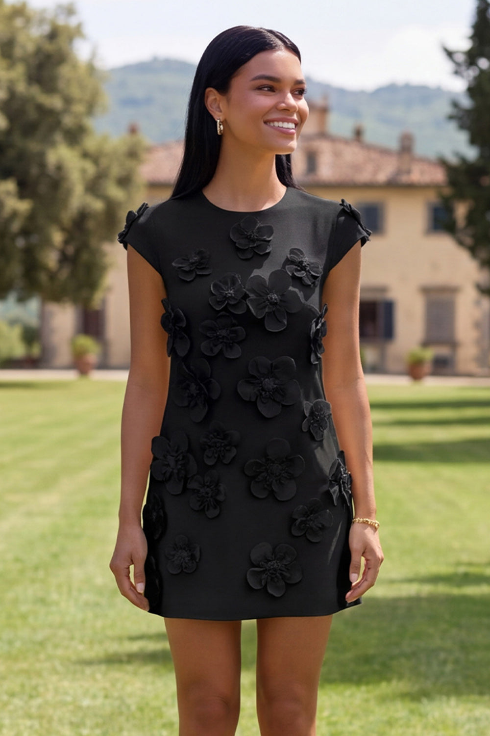 Butter Yellow Short Floral Round Neck Homecoming Dress with Sleeves