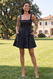 Blue Short Floral Square Neck A Line Homecoming Dress with Pockets