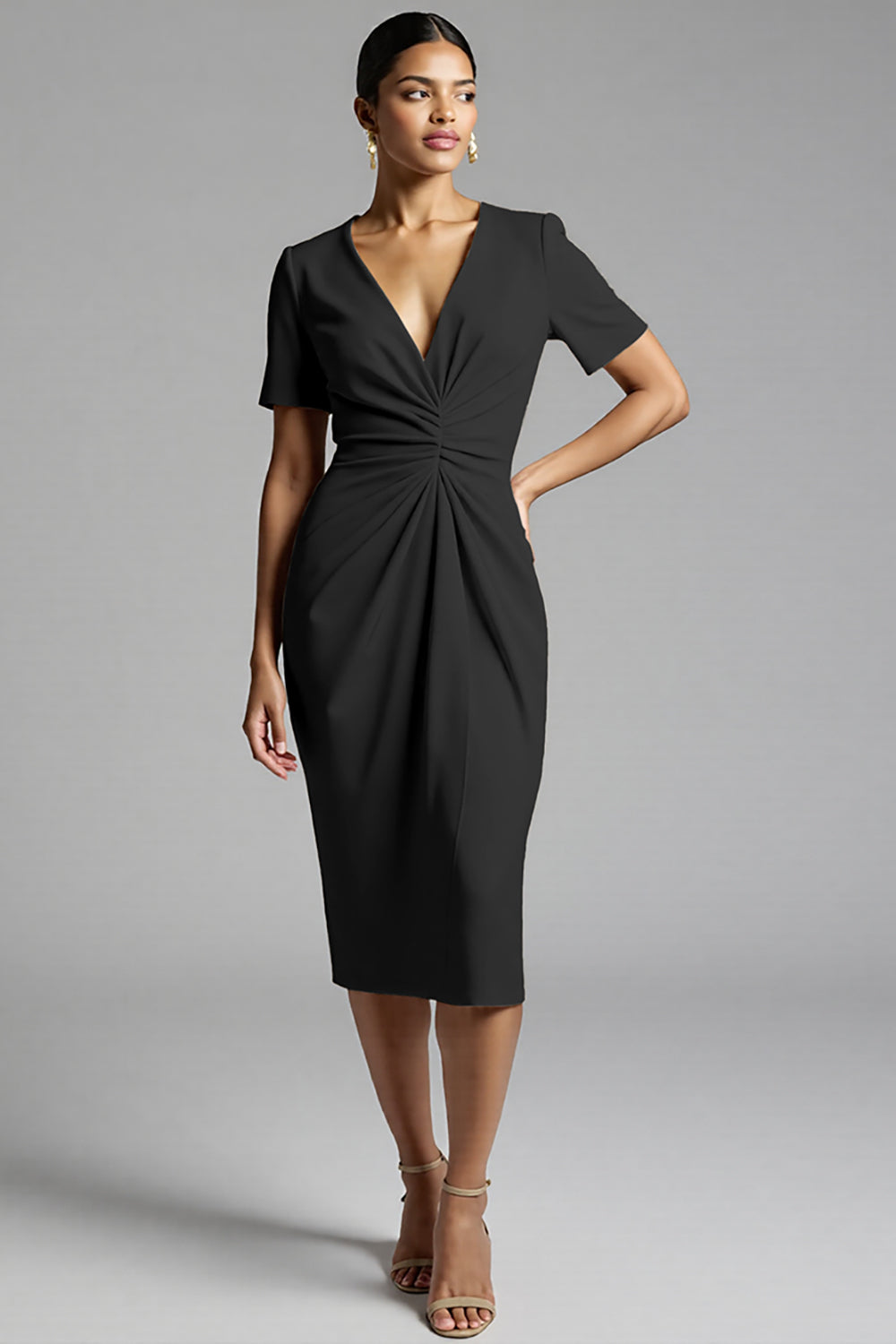 Champagne Bodycon V-Neck Midi Satin Work Dress with Short Sleeves