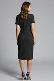 Navy Bodycon Ruched Midi Satin Work Dress with Short Sleeves
