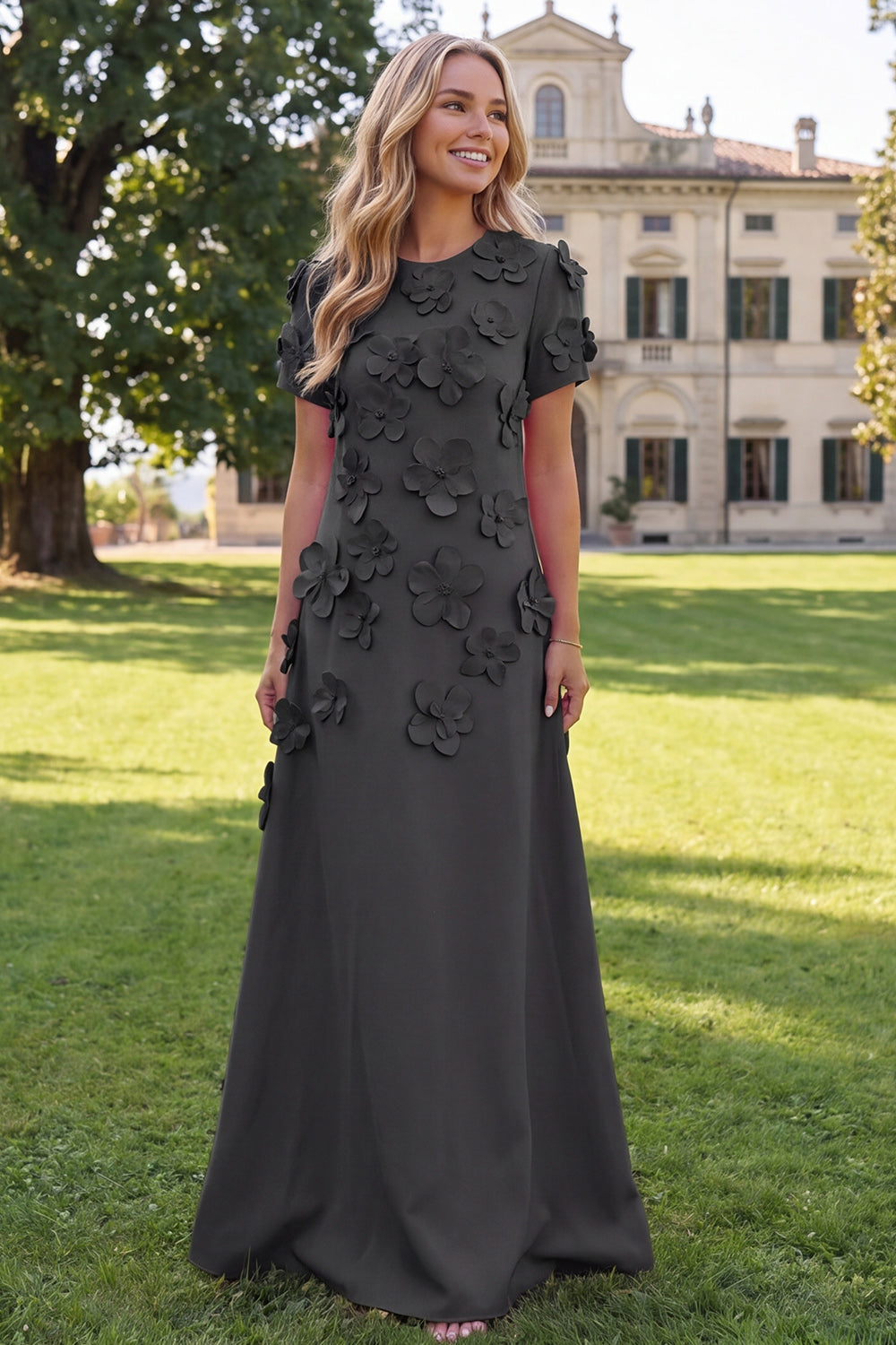 Round Neck Blue A Line Floral Long Wedding Guest Dress with Sleeves