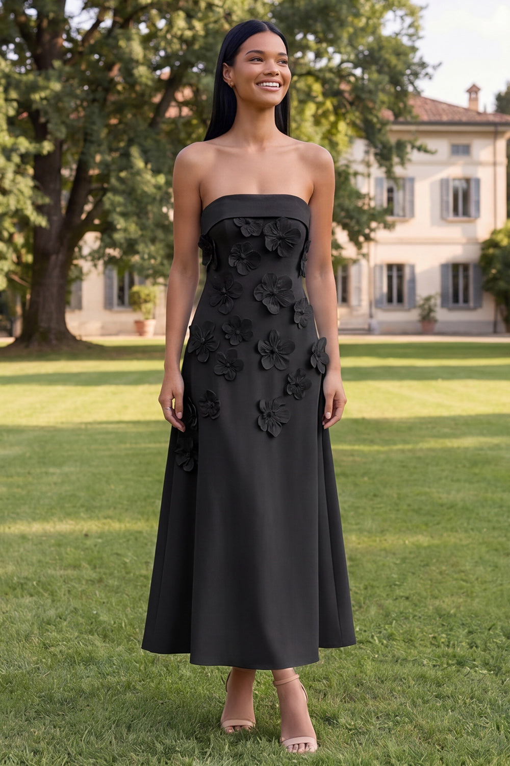 Yellow A Line Strapless Floral Maxi Wedding Guest Dress