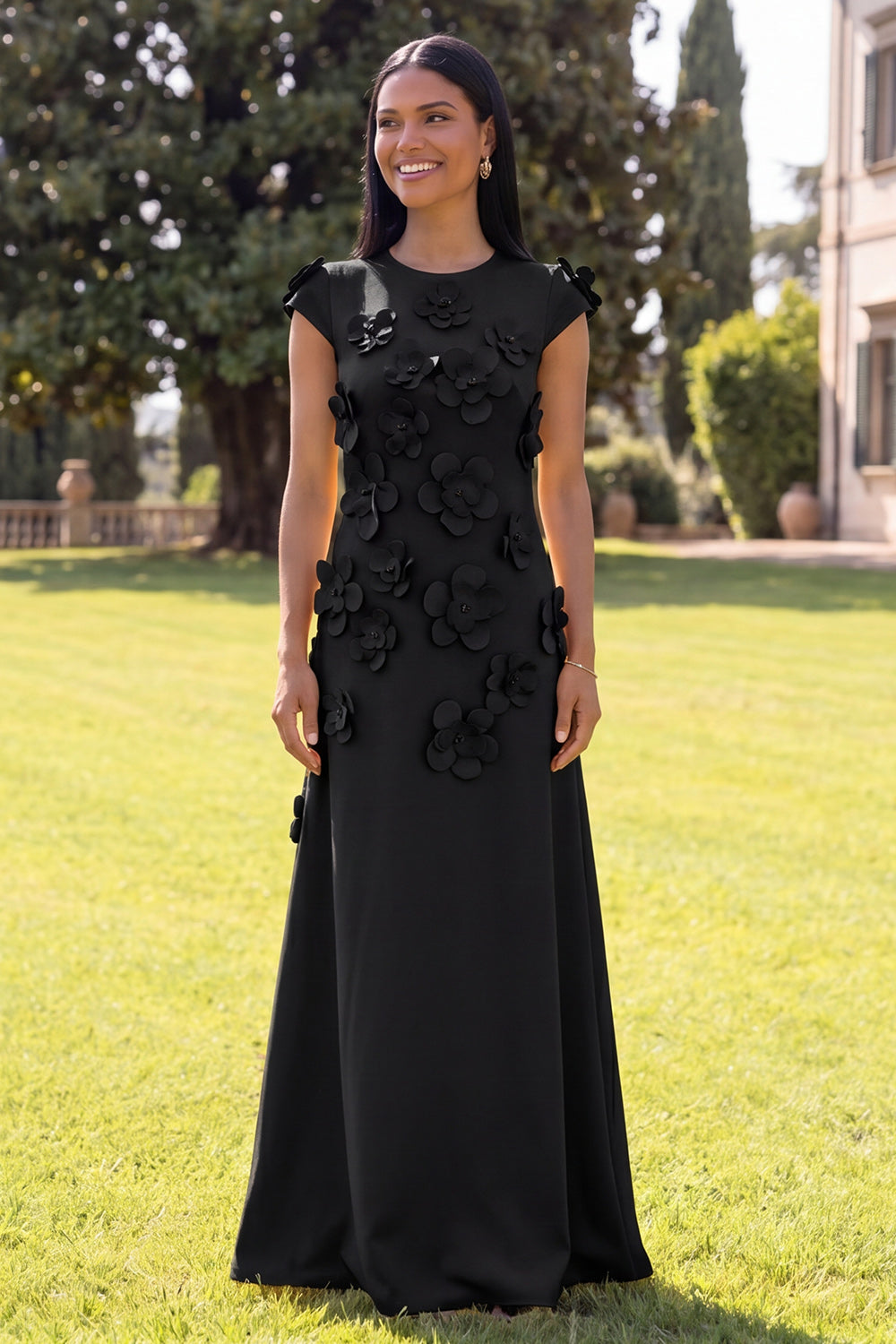 Butter Yellow A Line Round Neck Floral Long Wedding Guest Dress with Sleeves