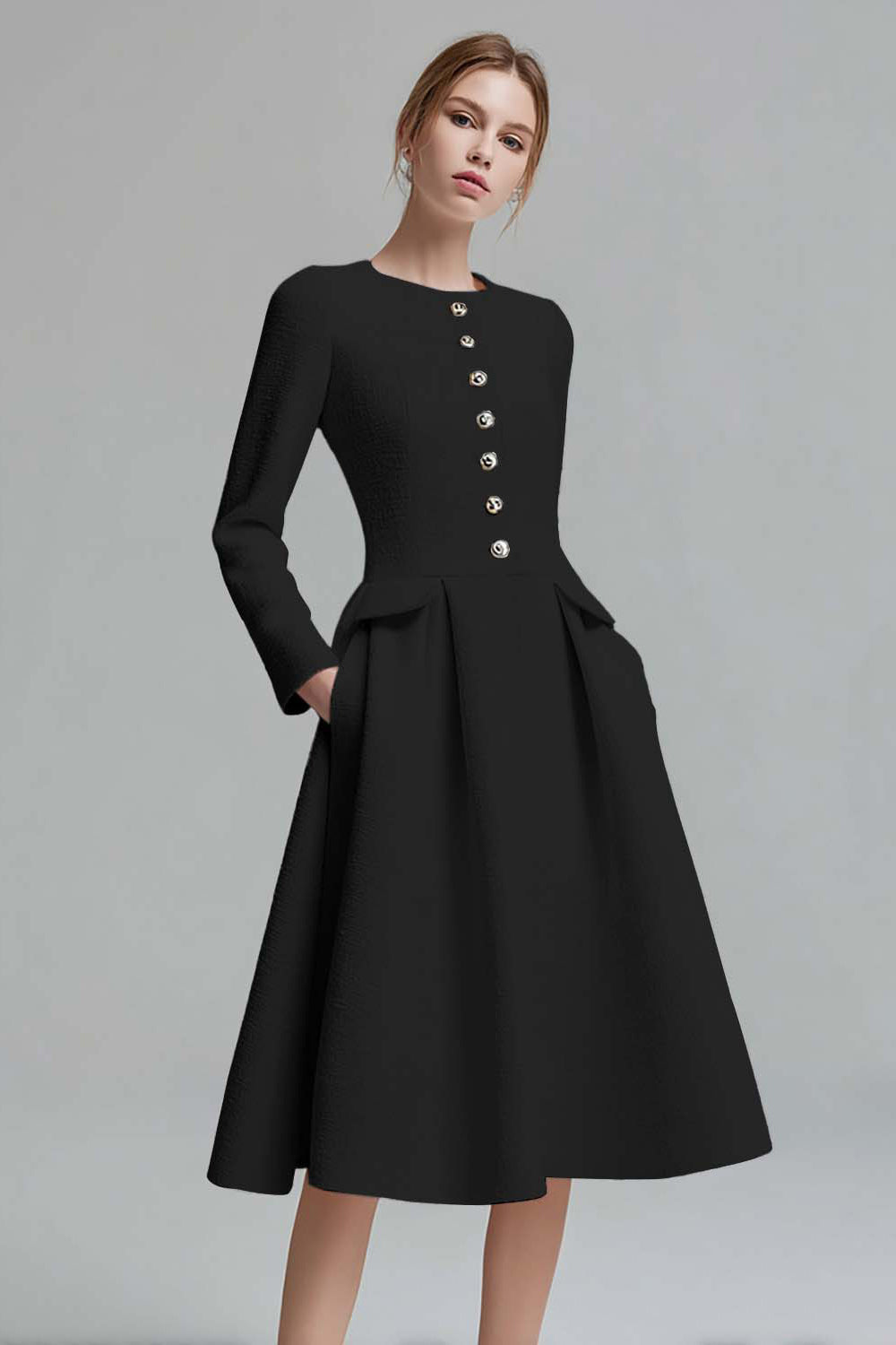 Ivory Tweed Long Sleeves A Line Midi Pageant Interview Dress with Pockets