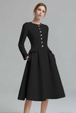 Ivory Tweed Long Sleeves A Line Midi Pageant Interview Dress with Pockets