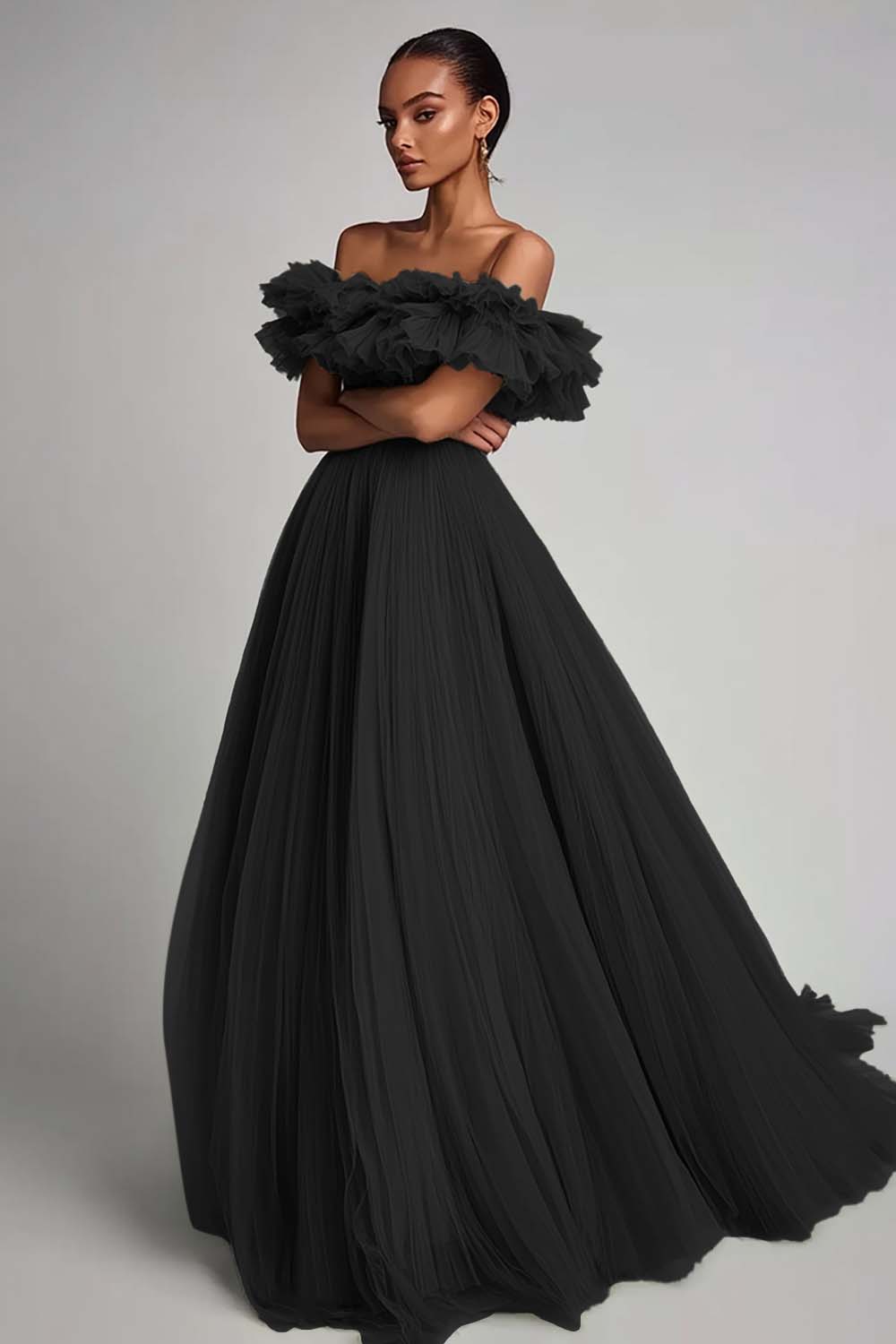 Dusty Sage Off the Shoulder Long Tulle Formal Dress with Ruffles