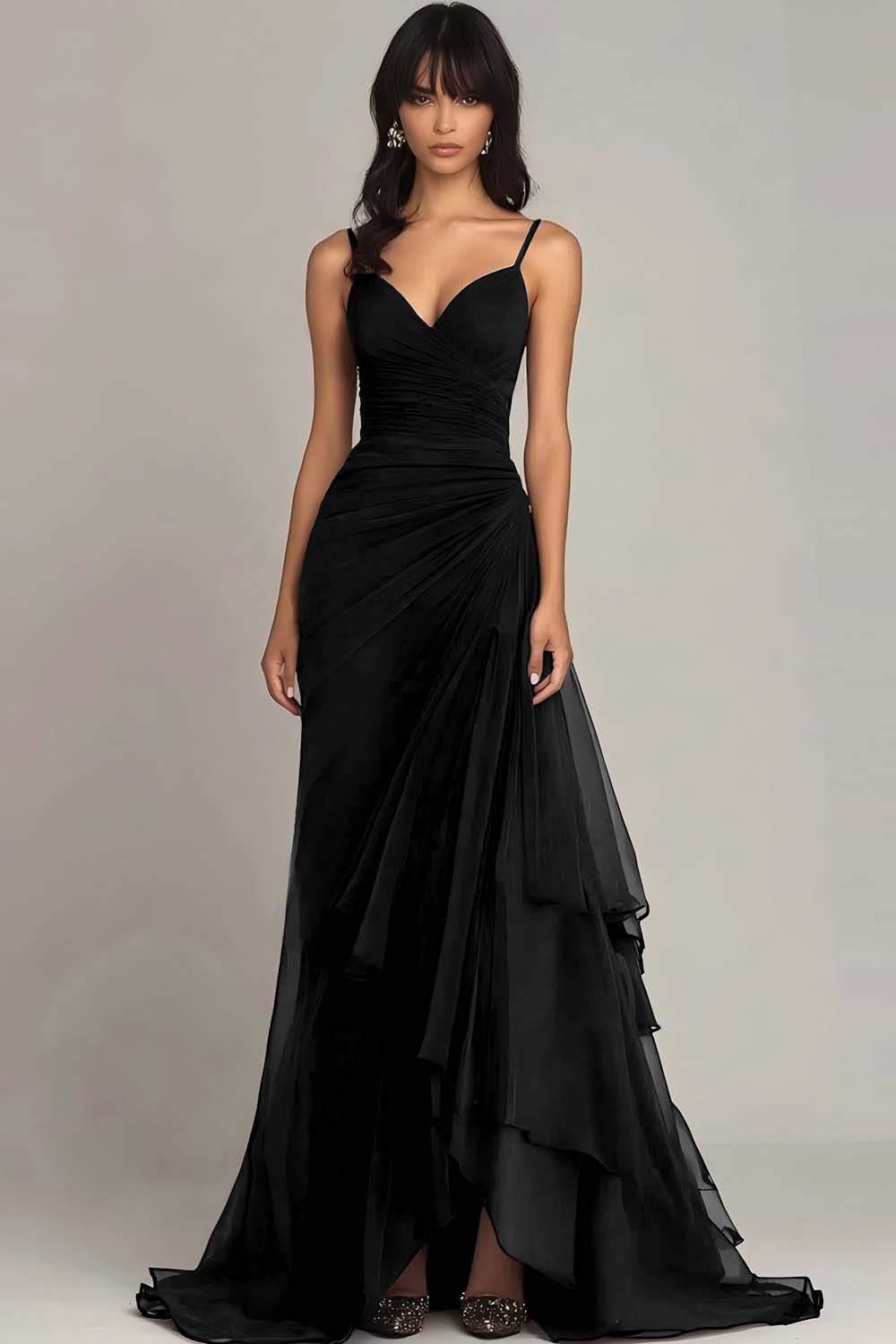 Ink Blue Sweetheart Ruched Chiffon Long Formal Dress with Ruffles
