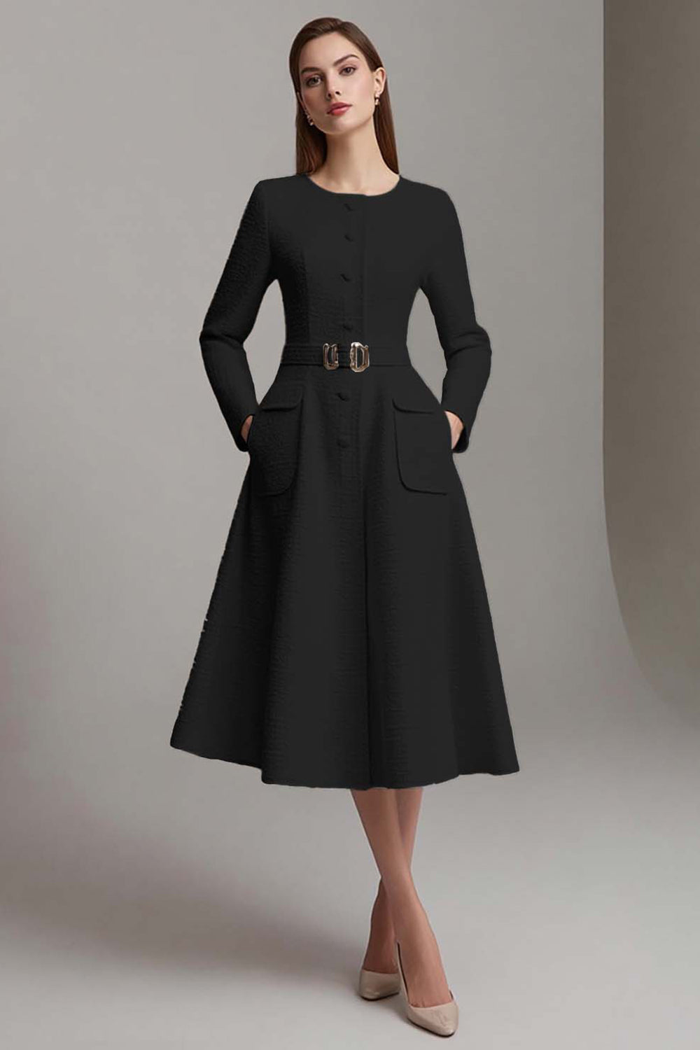 Ivory Tweed A Line Boat Neck Midi Homecoming Outfits with Belts