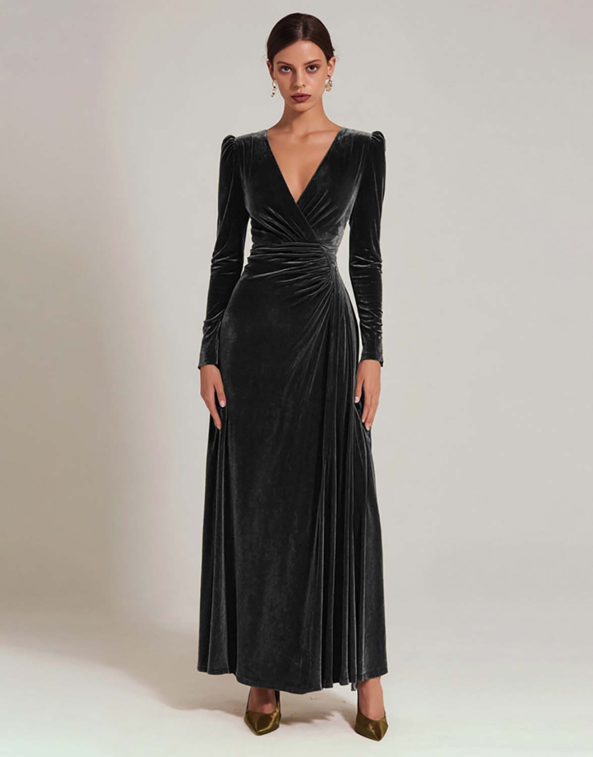 Zapakasa Women Olive Velvet Long Holiday Party Dress with Sleeves A Line V-Neck Evening Dress Zapakasa Women Olive Velvet Long Holiday Party Dress with Sleeves A Line V-Neck Evening Dress