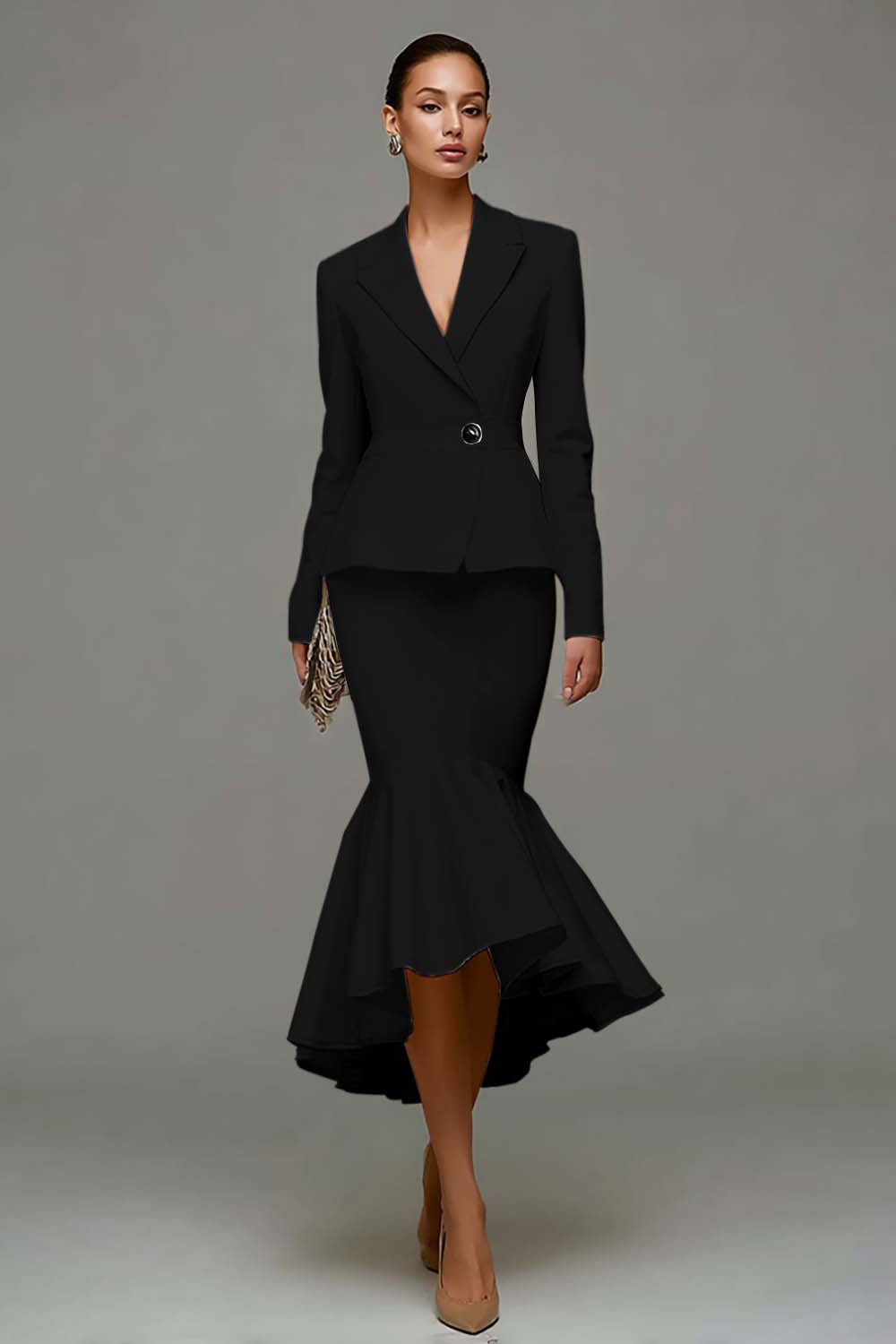 Ivory Satin Notched Lapel 2 Piece Midi Business Suits with Ruffles