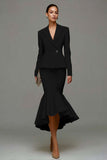 Ivory Satin Notched Lapel 2 Piece Midi Business Suits with Ruffles